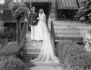 Charles "Teenie" Harris - Roland M. Sawyer and Aileen Eckstein Sawyer, posed on their wedding day, Highland Park, 1938
