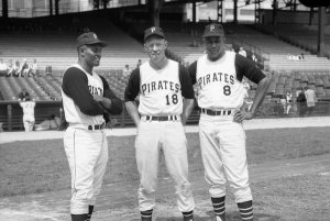Charles "Teenie" Harris - Pittsburgh Pirates baseball players Roberto Clemente, Billy Virdon, and Willie Stargell, standing on Forbes Field, Oakland, ca. 1965