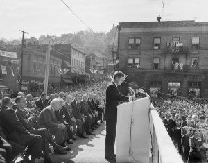 Charles "Teenie" Harris - President John F. Kennedy speaking from podium, Monessen, Pennsylvania, 1962