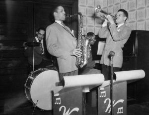 Charles "Teenie" Harris - Musicians, including Bobby Anderson on drums, Paul Willis on saxophone, and Warren Watson on trumpet, ca. 1940-196