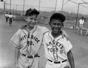 Charles "Teenie" Harris - Two Little League baseball players standing on playing field, 1953-1956