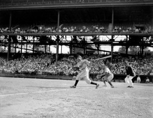 Charles "Teenie" Harris - Homestead Grays baseball player Robert "Rab Roy" Gaston at bat against New York Cubans at Forbes Field, ca. 1942