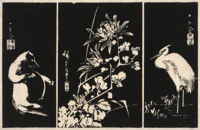 Utagawa Hiroshige - Badger, Chrysanthemum and Heron, 1840
